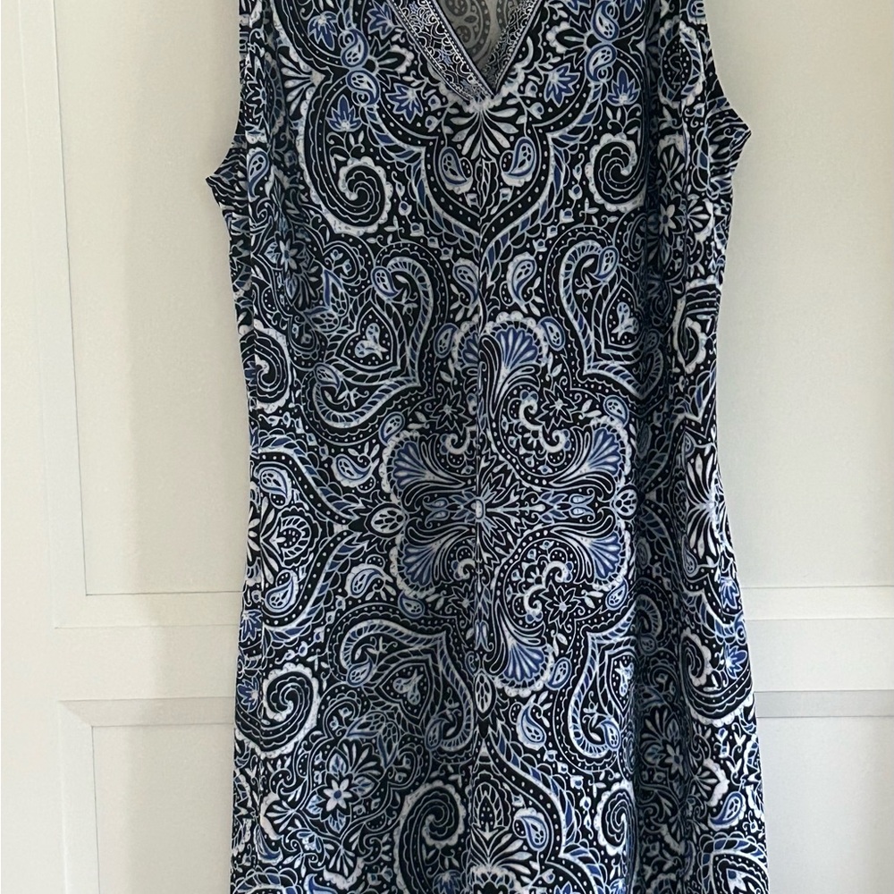 White House Black Market Black and Blue Paisley Work Lunch Casual Dress Lg